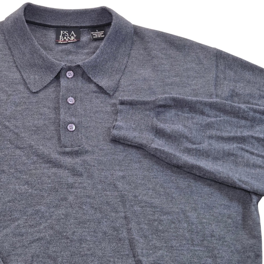 Jos A‎ Bank Signature Collection Merino Wool Long Sleeve Polo Shirt Gray Large